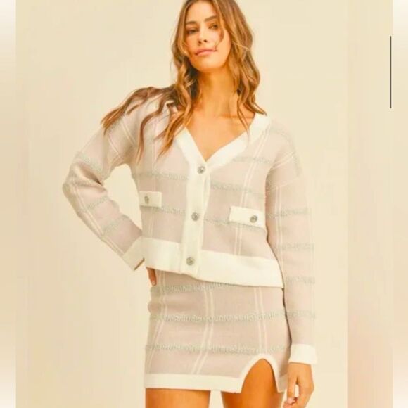 MABLE Plaid Button Down Sweater Cardigan and Mini Skirt - Picture 1 of 7